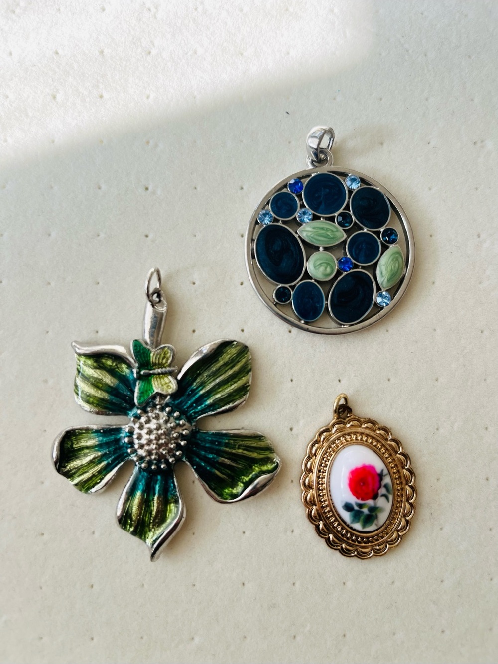 Lot of 3 Pendants Rose Cameo Blue Enamel Flower Butterfly Silver Gold Tone